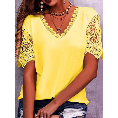 Women Summer Loose V Neck Lace tops